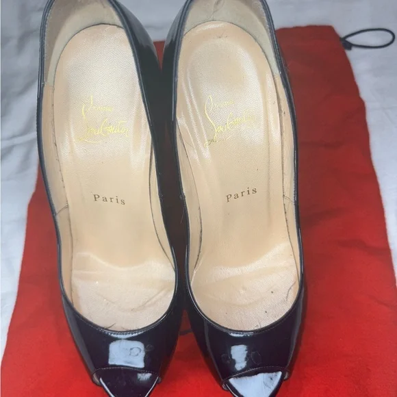 Christian Louboutin Glossy Black Peep Toe Heels - Picture 3 of 8